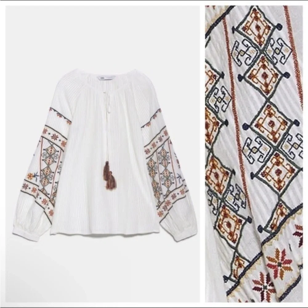 NWT. Zara Ivory Embroidered Blouse. Size M.